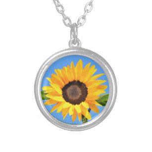 Yellow Sunflower Against Sun on Blue Sky - Summer  Silver Plated Necklace