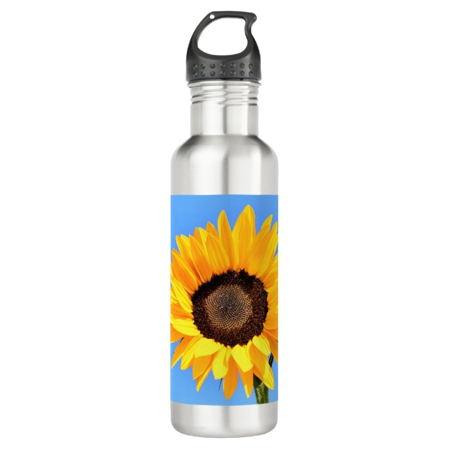 Yellow Sunflower Against Sun on Blue Sky - Summer  Stainless Steel Water Bottle (Front)
