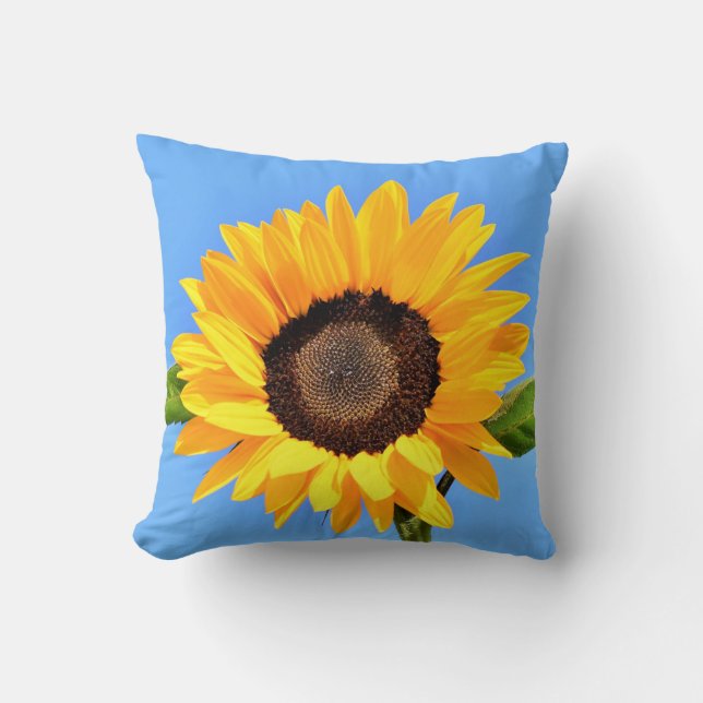 Yellow Sunflower Against Sun on Blue Sky - Summer Throw Pillow (Front)