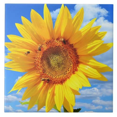 Yellow Sunflower and Bees Ceramic Tile