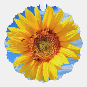 Yellow Sunflower and Bees Christmas Ornament Card