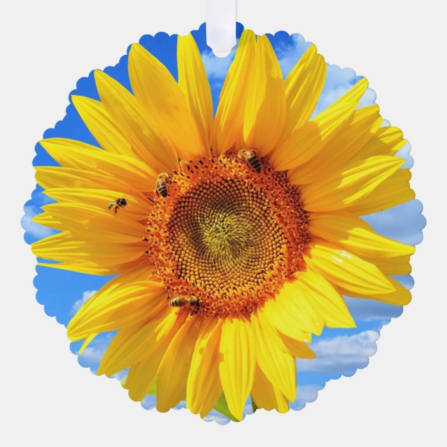 Yellow Sunflower and Bees Christmas Ornament Card (Front)