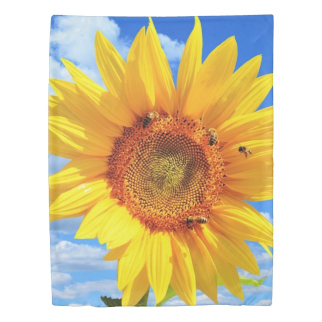 Yellow Sunflower and Bees Duvet Cover Blue Sky (Front)