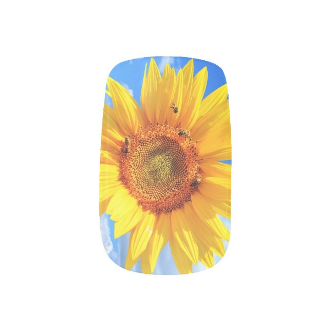 Yellow Sunflower and Bees Nail Art Blue Sky (Right Thumb)