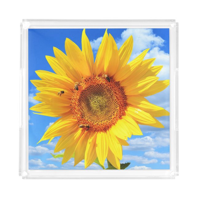 Yellow Sunflower and Bees on Blue Sky Acrylic Tray (Front)