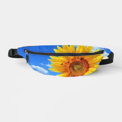 Yellow Sunflower and Bees on Blue Sky Fanny Pack