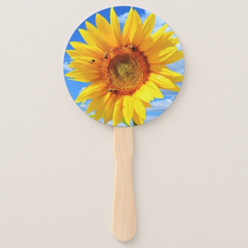 Yellow Sunflower and Bees on Blue Sky Hand Fan