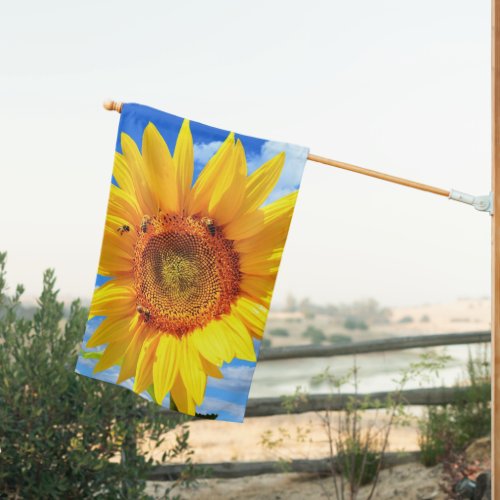 Yellow Sunflower and Bees on Blue Sky House Flag