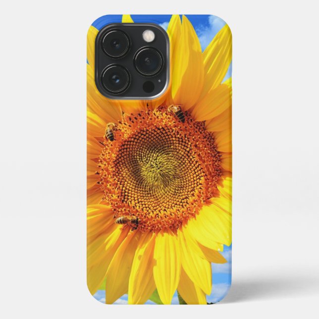 Yellow Sunflower and Bees on Blue Sky iPhone Case (Back)