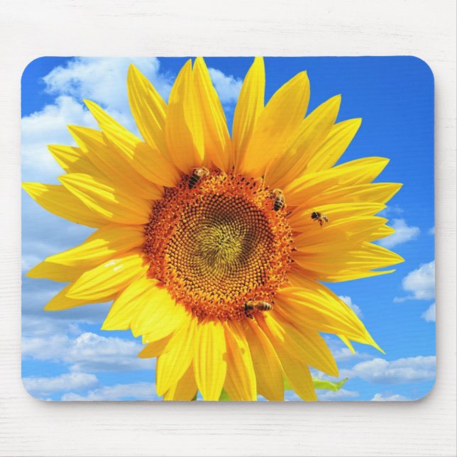 Yellow Sunflower and Bees on Blue Sky Mouse Pad (Front)