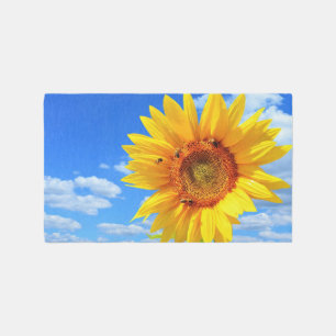 Yellow Sunflower and Bees on Blue Sky Rug