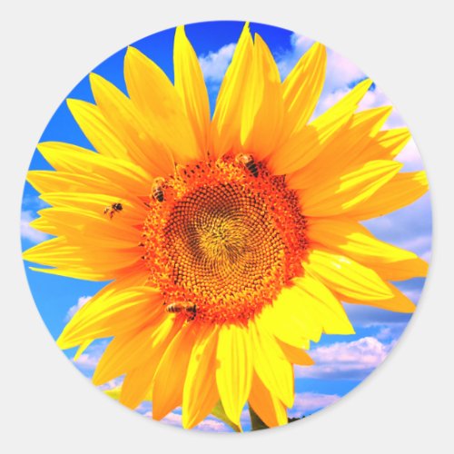 Yellow Sunflower and Bees on Blue Sky Sticker