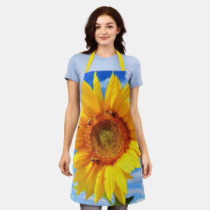 Yellow Sunflower and Bees on Blue Sky - Summer Day Apron