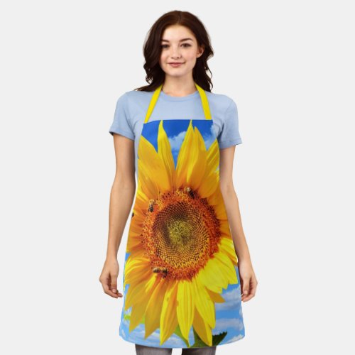 Yellow Sunflower and Bees on Blue Sky _ Summer Day Apron