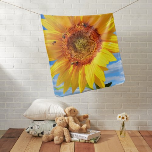 Yellow Sunflower and Bees on Blue Sky _ Summer Day Baby Blanket