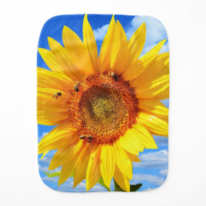 Yellow Sunflower and Bees on Blue Sky - Summer Day Baby Burp Cloth