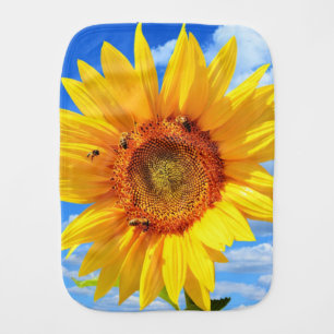 Yellow Sunflower and Bees on Blue Sky - Summer Day Baby Burp Cloth