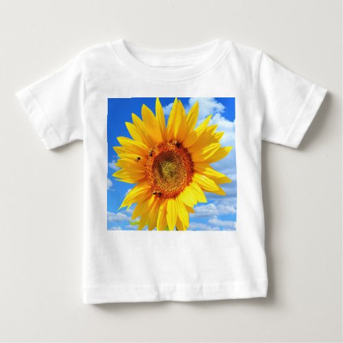 Yellow Sunflower and Bees on Blue Sky _ Summer Day Baby T_Shirt