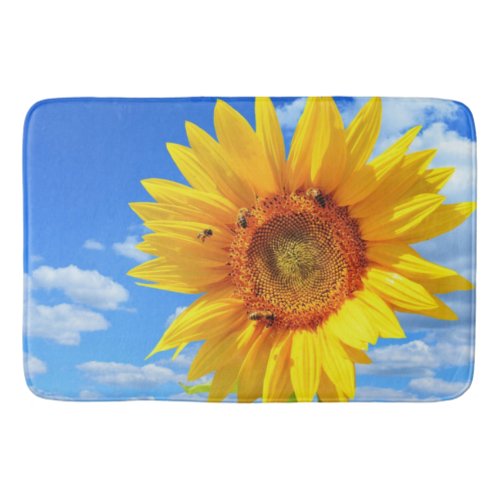 Yellow Sunflower and Bees on Blue Sky _ Summer Day Bath Mat