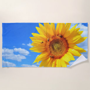 Yellow Sunflower and Bees on Blue Sky - Summer Day Beach Towel