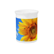 Yellow Sunflower and Bees on Blue Sky - Summer Day Beverage Pitcher