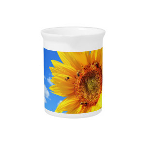Yellow Sunflower and Bees on Blue Sky - Summer Day Beverage Pitcher