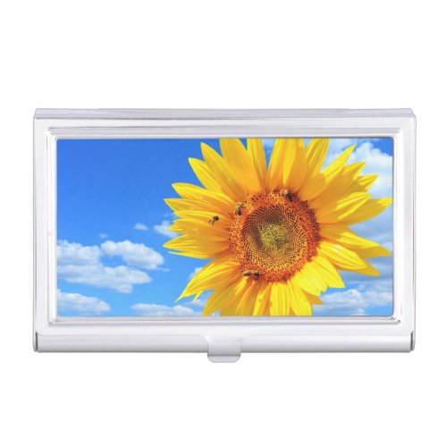 Yellow Sunflower and Bees on Blue Sky _ Summer Day Business Card Case