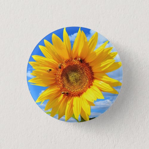 Yellow Sunflower and Bees on Blue Sky _ Summer Day Button