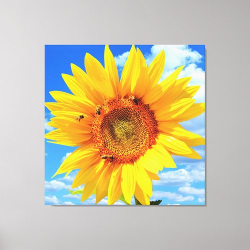 Yellow Sunflower and Bees on Blue Sky _ Summer Day Canvas Print