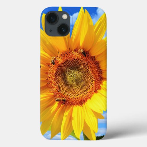Yellow Sunflower and Bees on Blue Sky _ Summer Day iPhone 13 Case