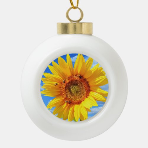 Yellow Sunflower and Bees on Blue Sky _ Summer Day Ceramic Ball Christmas Ornament