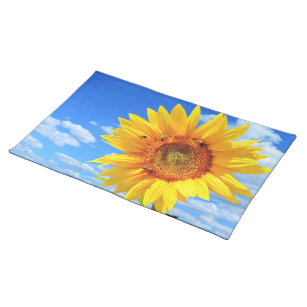 Yellow Sunflower and Bees on Blue Sky - Summer Day Cloth Placemat
