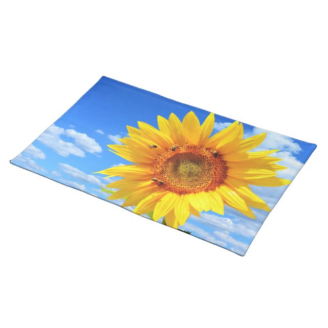 Yellow Sunflower and Bees on Blue Sky - Summer Day Cloth Placemat (On Table)
