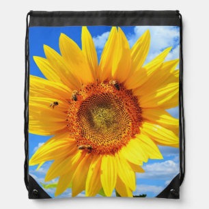 Yellow Sunflower and Bees on Blue Sky - Summer Day Drawstring Bag
