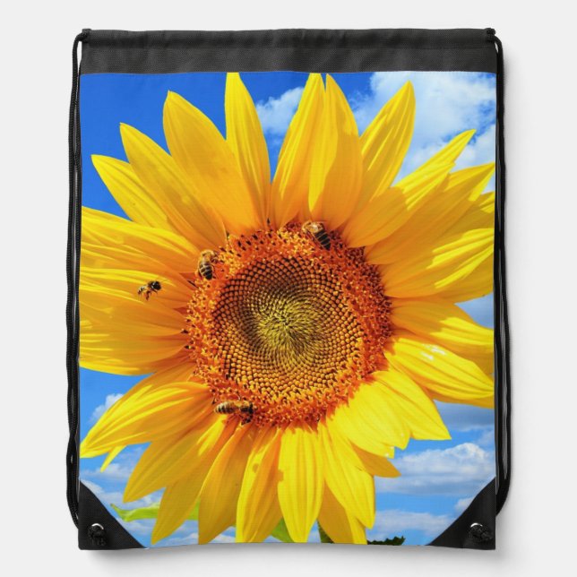 Yellow Sunflower and Bees on Blue Sky - Summer Day Drawstring Bag (Front)