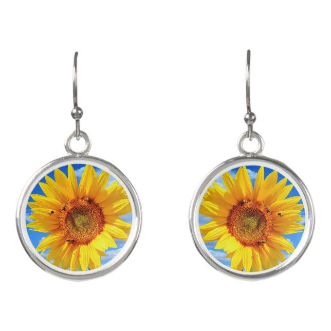Yellow Sunflower and Bees on Blue Sky - Summer Day Earrings (Front)