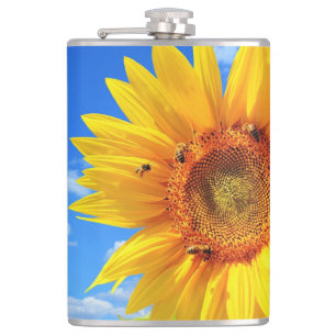 Yellow Sunflower and Bees on Blue Sky - Summer Day Flask