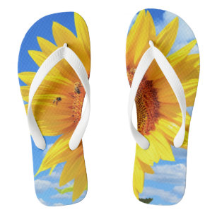 Yellow Sunflower and Bees on Blue Sky - Summer Day Flip Flops