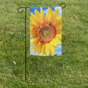 Yellow Sunflower and Bees on Blue Sky - Summer Day Garden Flag