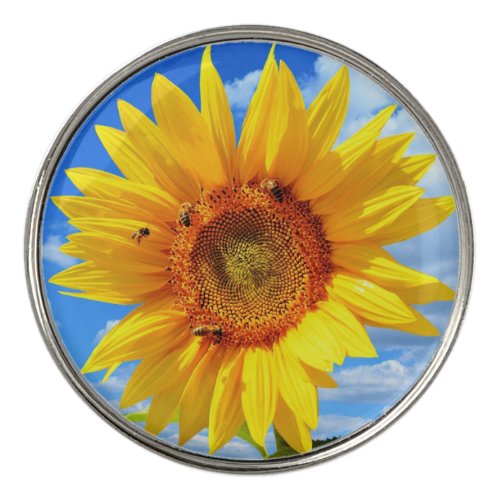Yellow Sunflower and Bees on Blue Sky _ Summer Day Golf Ball Marker