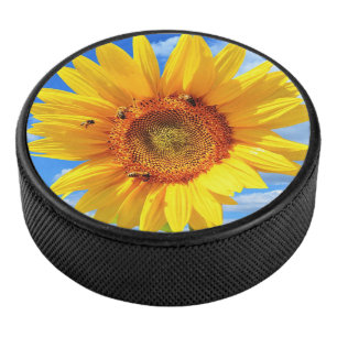 Yellow Sunflower and Bees on Blue Sky - Summer Day Hockey Puck