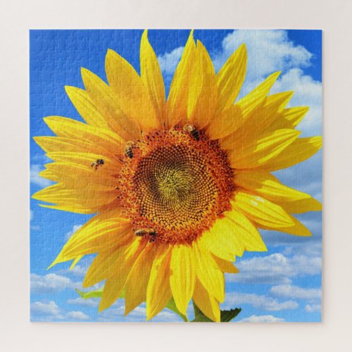 Yellow Sunflower and Bees on Blue Sky _ Summer Day Jigsaw Puzzle