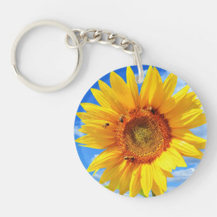 Yellow Sunflower and Bees on Blue Sky - Summer Day Keychain