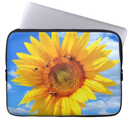 Yellow Sunflower and Bees on Blue Sky _ Summer Day Laptop Sleeve