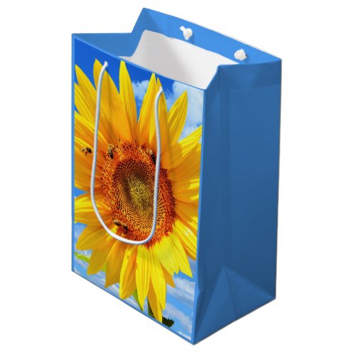 Yellow Sunflower and Bees on Blue Sky _ Summer Day Medium Gift Bag