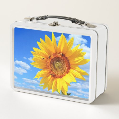 Yellow Sunflower and Bees on Blue Sky _ Summer Day Metal Lunch Box