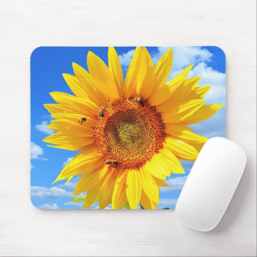 Yellow Sunflower and Bees on Blue Sky _ Summer Day Mouse Pad