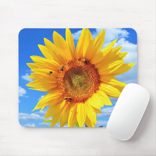 Yellow Sunflower and Bees on Blue Sky - Summer Day Mouse Pad (With Mouse)