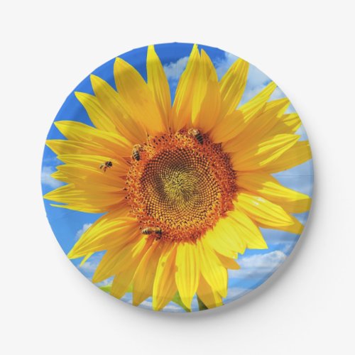 Yellow Sunflower and Bees on Blue Sky _ Summer Day Paper Plates