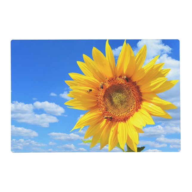 Yellow Sunflower and Bees on Blue Sky - Summer Day Placemat (Front)